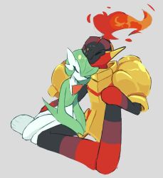  2others armarouge armor closed_eyes colored_skin commentary fire gardevoir green_skin grey_background helmet multicolored_skin multiple_others necr0ism pokemon pokemon_(creature) red_skin simple_background two-tone_skin white_skin yellow_armor 