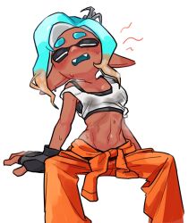  blue_hair bra commentary_request dark-skinned_female dark_skin fangs fingerless_gloves gloves highres ikki_(gsl_9708) inkling_girl inkling_player_character korean_commentary mechanic_(splatoon_raiders) navel overalls_partially_removed pointy_ears sitting splatoon_(series) sweat tank_top underwear 
