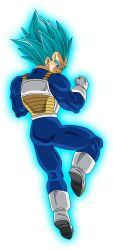  1boy artist_request blue_bodysuit blue_eyes blue_hair bodysuit boots closed_mouth dragon_ball dragon_ball_heroes from_behind gloves highres looking_back muscular muscular_male official_art saiyan_armor sanpaku solo spiky_hair super_saiyan super_saiyan_blue super_saiyan_blue_evolved transparent_background vegeta white_boots white_gloves 