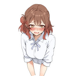  1girl amagi_(amagi626) brown_hair commentary_request gakuen_idolmaster gradient_hair hair_bun hanami_ume hatsuboshi_gakuen_school_uniform idolmaster multicolored_hair red_hair school_uniform shirt simple_background single_hair_bun upper_body white_background white_shirt 