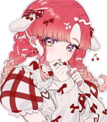  1girl animal_ears bow braid cherry_earrings commentary detached_sleeves earrings fake_animal_ears food-themed_earrings hair_bow hair_ornament highres jewelry long_hair long_sleeves looking_at_viewer multicolored_hair nail_polish nijisanji official_alternate_costume p_kotai parted_lips pink_nails puffy_short_sleeves puffy_sleeves red_hair saotome_berry shirt short_sleeves simple_background sleeves_past_wrists solo streaked_hair twin_braids violet_eyes virtual_youtuber white_background white_shirt white_streaks 