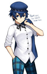  1girl :/ artist_name black_ribbon blue_eyes blue_hair blue_hat blue_pants breasts buttons closed_mouth collared_shirt commentary cowboy_shot dress_shirt english_commentary frown hair_between_eyes hand_on_own_hip hand_up hat highres holding holding_unworn_clothes holding_unworn_jacket jacket kuki_tan large_breasts long_sleeves milestone_celebration neck_ribbon newsboy_cap pants persona persona_4 plaid_clothes plaid_pants ribbon shirogane_naoto shirt short_hair simple_background sleeves_rolled_up solo unworn_jacket white_background white_shirt 