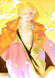  1boy blonde_hair cigarette commentary curly_eyebrows curtained_hair facial_hair goatee hair_over_one_eye hawaiian_shirt highres jacket leather leather_jacket male_focus mei_(ameirinzosan) mustache_stubble necktie one_piece sanji_(one_piece) shirt smoking solo stubble sunglasses untranslatable_commentary 