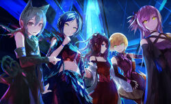  5girls bare_shoulders blue_eyes dress hayami_kanade ichinose_shiki idolmaster idolmaster_cinderella_girls idolmaster_cinderella_girls_starlight_stage jougasaki_mika lipps_(idolmaster) long_hair lowlight_kirilenko miyamoto_frederica multiple_girls open_mouth pink_hair red_dress shiomi_syuko smile yellow_eyes 