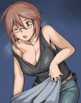  bespectacled blush breasts brown_eyes brown_hair casual cleavage glasses large_breasts off_shoulder rozen_maiden rozenweapon short_hair souseiseki tank_top taut_shirt wink 
