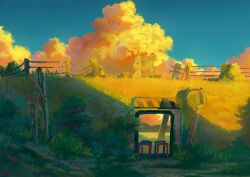  2girls artist_request blue_sky bridge bush clouds evening grass highres loca! mirror multiple_girls official_art outdoors railing road_sign sign sky traffic_mirror walking 