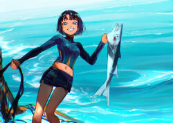  1girl absurdres animal barracuda black_hair blunt_bangs breasts clip_studio_paint_(medium) commentary dated day eudetenis fish fishing grin highres holding holding_animal holding_fish lips long_sleeves looking_at_viewer medium_breasts microskirt navel ocean on_raft original outdoors parted_bangs rash_guard shiny_eyes short_hair signature skirt smile solo tan tomboy wet 