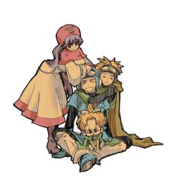  2boys 2girls arms_around_neck aviator_goggles aviator_sunglasses black_bodysuit blonde_hair blue_boots blue_hat blue_tunic bodysuit boots breasts brother_and_sister capelet child cloak closed_mouth commentary_request d_d_work dragon_quest dragon_quest_ii full_body gloves goggles goggles_on_head goggles_on_headwear green_cloak green_gloves green_tabard grin hair_between_eyes hair_ribbon hat highres hood hood_up hooded_capelet hug hug_from_behind indian_style leaning_forward long_hair medium_breasts multiple_boys multiple_girls parted_lips pink_capelet pink_gloves pink_hood pink_trim ponytail prince_of_lorasia prince_of_samantoria princess_of_moonbrook princess_of_samantoria purple_boots purple_hair ribbon robe short_hair siblings sitting sitting_on_lap sitting_on_person smile standing sunglasses tabard teeth tunic white_background white_ribbon white_robe yellow_cloak 