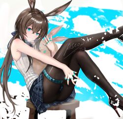  1girl absurdres amiya_(arknights) animal_ear_fluff animal_ears aqua_eyes arknights ascor black_pantyhose blue_skirt brown_hair closed_mouth commentary_request grey_shirt hair_between_eyes high_heels highres jewelry long_hair looking_at_viewer multiple_rings pantyhose plaid_clothes plaid_skirt pleated_skirt rabbit_ears rabbit_girl ring shirt sitting skirt sleeveless sleeveless_shirt solo 