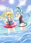  absurdres animal_ears blonde_hair blue_eyes blue_hair bunny_ears cat_ears cat_tail highres innertube juuniya_gekkatsuru long_hair multiple_girls one-piece_swimsuit original popsicle rabbit_ears red_eyes school_swimsuit suika_bar swimsuit tail twintails wading water 