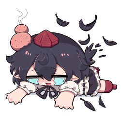  1girl black_feathers black_hair black_skirt black_wings blush closed_eyes crying falling_feathers feathered_wings feathers frilled_skirt frills geta hair_between_eyes hat head_bump highres lying multiple_head_bumps nose_blush on_stomach open_mouth pointy_ears puffy_sleeves red_hat red_shoes shameimaru_aya shirt shoes short_hair short_sleeves simple_background skirt smoke smoke_trail t_t tengu-geta tokin_hat touhou white_background white_shirt wings zunusama 