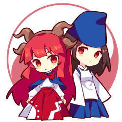  1boy 1girl blue_capelet blue_hat bow bowtie brown_hair capelet chibi chibi_only chinese_commentary closed_mouth commentary hat horns japanese_clothes kariginu long_hair looking_at_viewer lowres red_bow red_bowtie red_eyes red_hair red_skirt renren_(ah_renren) shingyoku_(female)_(touhou) shingyoku_(male)_(touhou) shingyoku_(touhou) shirt simple_background skirt tate_eboshi touhou touhou_(pc-98) white_background white_shirt yin_yang 