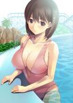  black_eyes black_hair blush breasts brown_eyes brown_hair cleavage kisugi_akira large_breasts love_plus mole one-piece_swimsuit outdoors pool short_hair solo swimsuit wading water wet 