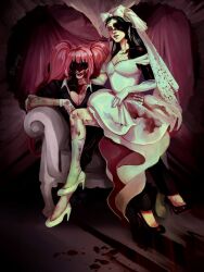  2girls alien_stage black_hair black_jacket black_pants blood blood_on_clothes blood_on_hand blood_on_leg blunt_bangs bow commentary dress english_commentary gloves hair_bow highres jacket kyuurya licking_lips mizi_(alien_stage) multiple_girls off-shoulder_dress off_shoulder official_alternate_costume pants pink_hair shoes sitting sua_(alien_stage) suit_jacket tongue tongue_out twintails veil white_bow white_dress white_gloves white_shoes white_veil zombie_stage 