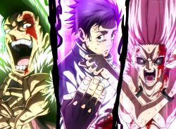  1girl 2boys black_hair black_sclera blood blood_on_clothes blood_on_face closed_mouth colored_sclera commentary domain_expansion_(jujutsu_kaisen) earrings english_commentary highres hoop_earrings ishigori_ryu jewelry jujutsu_kaisen jujutsu_tech_uniform long_hair magimeoka meme multiple_boys okkotsu_yuta open_mouth pink_eyes pink_hair short_hair triple_domain_expansion_(meme) uro_takako 