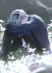  1boy absurdres ardashir_(arknights) arknights arknights:_endfield black_bridal_gauntlets black_horns black_pants black_shirt blue_eyes bridal_gauntlets closed_mouth coat commentary_request crossed_arms ear_covers field flower grey_background grey_coat highres horns jyan512 korean_commentary lapels long_hair long_sleeves looking_to_the_side male_focus open_clothes open_coat pants ponytail shirt sideways_glance single_ear_cover sitting solo watermark white_flower white_hair 