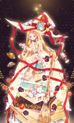  1girl barefoot blonde_hair blue_eyes bow broom closed_mouth commentary dress flower food frills full_body hat highres holding holding_wand long_hair original red_ribbon ribbon sitting smile solo star_(symbol) tsutomu_(hghrttm) very_long_hair wand white_dress witch witch_hat 