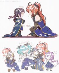  4girls :3 :d ? ^_^ age_regression aged_down ahoge aqua_hair arms_at_sides artist_name assault_lily black_bow black_bowtie black_necktie black_ribbon black_thighhighs blue_cloak blue_eyes blue_shirt blue_skirt bow bowtie brown_gloves brown_shirt brown_thighhighs carrying carrying_person child child_carry cloak closed_eyes closed_mouth collared_shirt commentary_request cropped_legs detached_sleeves elbow_gloves eye_contact face_to_breasts from_side garter_straps gloves grey_background hair_ornament hair_ribbon hair_scrunchie hands_up head_on_another's_shoulder highres hishida_haru holding holding_cloak holding_unworn_clothes kawanabe_nazuna long_hair long_sleeves looking_at_another multiple_girls multiple_views nabezoko_no_okoge necktie odaiba_girls_high_school_uniform open_mouth orange_hair parted_lips piggyback pleated_skirt profile purple_hair ribbon school_uniform scrunchie shirt side_ponytail simple_background skirt sleeping sleeping_on_person sleeveless sleeveless_shirt sleeves_past_wrists smile standing suzuki_chinami thigh-highs twintails two-tone_shirt waist_cape white_shirt yellow_eyes yellow_ribbon yokoyama_azusa zzz 
