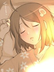  1girl ahoge araragi_tsukihi artist_name black_hair blush bob_cut close-up closed_eyes commentary curled_fingers egg_hair_ornament eyelashes film_grain floral_print floral_print_kimono food-themed_hair_ornament fried_egg from_above hair_behind_ear hair_ornament hand_up highres japanese_clothes kikumaru_bunta kimono light_rays long_sleeves lying monogatari_(series) on_back on_bed open_mouth pillow portrait print_kimono sepia short_hair signature sleeping solo sunbeam sunlight swept_bangs translated 