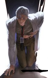  1boy absurdres belt black_necktie brown_pants character_request coat collared_shirt commentary_request geneng glasses green_eyes grey_hair grey_shirt gwechul highres kneeling korean_commentary lapels lifting_own_clothes long_sleeves male_focus midriff_peek mole mole_on_stomach mole_under_eye necktie open_clothes open_coat open_mouth pants shirt short_hair solo suit_pants sweat white_coat wing_collar 