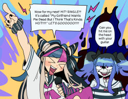  >_< 2girls alt_text amemiya_darumi arm_up aura black_bow black_hair black_nails black_sailor_collar blue_hair blue_streaks blush blush_stickers bow breast_pocket choker closed_eyes collared_shirt commentary company_connection creator_connection crossover danganronpa_(series) danganronpa_2:_goodbye_despair dark_aura ear_piercing elbow_gloves english_commentary english_text face_piercing facepaint facial_mark fingerless_gloves fingernails gloves hair_bow hair_horns heart heart_facial_mark holding holding_microphone lightning_bolt_symbol long_hair microphone ministarfruit mioda_ibuki mouth_piercing multicolored_gloves multicolored_hair multiple_girls nail_polish neckerchief open_mouth pale_skin piercing pink_hair pink_neckerchief pink_streaks pink_thighhighs pocket red_bow red_choker sailor_collar scrunchie shirt short_sleeves sidelocks single_elbow_glove single_fingerless_glove single_glove smile speech_bubble streaked_hair striped_clothes striped_gloves striped_shirt teeth the_hundred_line_-last_defense_academy- thigh-highs tongue tongue_out torn_clothes torn_thighhighs tumblr_ask twintails two-tone_gloves two-tone_hair two-tone_shirt upper_teeth_only violet_eyes white_hair white_sailor_collar white_shirt wrist_scrunchie yuri 