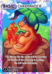  artist_name blue_eyes blue_sky card_(medium) character_name charburst charmander closed_mouth clouds day english_text fang fire flame-tipped_tail full_body grass holding holding_leaf leaf looking_back no_humans on_tree_stump outdoors pokedex_number pokemon pokemon_(creature) pokemon_card pokemon_focus pokemon_tcg sitting sky smile solo tail tree_stump water_drop 