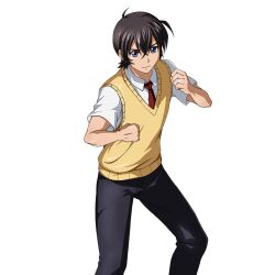  1boy belt black_pants blue_eyes brown_belt brown_hair clenched_hands closed_mouth feet_out_of_frame fighting_stance game_asset hair_between_eyes hands_up ikkitousen ikkitousen_extra_burst looking_at_viewer male_focus nanyou_academy_uniform necktie non-web_source official_art pants red_necktie school_uniform self-datamine shirt short_hair shuuyu_koukin simple_background smile solo sweater_vest transparent_background white_shirt yellow_sweater_vest 
