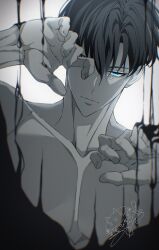  1boy absurdres blue_eyes closed_mouth collarbone commentary_request dated greyscale highres looking_at_viewer male_focus may_(illust_man_2020) monochrome pectorals short_hair signature simple_background solo solo_leveling sung_jin-woo upper_body white_background 