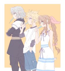  1girl 2boys aerith_gainsborough aqua_eyes arm_behind_back armor bare_shoulders bervens12 black_jacket black_pants black_shirt blonde_hair blue_eyes blue_shorts border bow braid braided_ponytail breasts brown_hair cloud_strife cowboy_shot crisis_core:_final_fantasy_vii crossed_arms dress dress_bow dress_flower final_fantasy final_fantasy_vii final_fantasy_vii:_ever_crisis final_fantasy_vii_remake flower food food_in_mouth green_eyes grey_hair hair_between_eyes hair_ribbon hand_in_pocket highres holding holding_food holding_ice_cream ice_cream ice_cream_bar jacket long_hair multiple_boys pants parted_bangs pink_ribbon ribbon sephiroth sephiroth_(ever_crisis) sharp_teeth shirt shirt_under_shirt short_hair shorts shoulder_armor sidelocks single_braid sleeveless sleeveless_dress small_breasts striped_clothes striped_dress sundress teeth white_border white_shirt yellow_background 