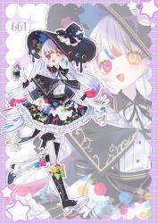  1girl :d alternate_costume asymmetrical_footwear asymmetrical_legwear black_capelet black_hat black_shoes black_skirt black_thighhighs blue_bow bow capelet collared_shirt colored_tips commentary contrast_collar drill_hair footwear_bow frills full_body green_bow hat heterochromia highres holding holding_spray_can jogasaki_noah long_hair mahou_shoujo_no_majo_saiban mismatched_footwear multicolored_hair neck_ribbon open_mouth paintbrush polka_dot polka_dot_background polka_dot_bow red_bow red_eyes ribbon shirt shoes skirt smile solo spray_can streaked_hair thigh-highs twin_drills un_(prmc_aaa) white_hair white_shirt white_shoes white_thighhighs witch_hat yellow_bow yellow_eyes zettai_ryouiki zoom_layer 