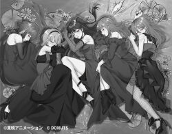  5girls asai_momono blush braid closed_eyes commentary_request detached_sleeves dress english_commentary eyeliner f-272_(girls_band_cry) fish fishnet_pantyhose fishnets girls_band_cry girls_band_cry_first_riff greyscale hairband half_up_braid highres kato_saki klai kuromiya_hazuki lily_pad long_hair makeup monochrome multiple_girls nakamura_ari official_art pantyhose short_hair spot_color thigh_strap two_side_up udagawa_toko 
