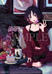  1girl barefoot black_camisole black_choker black_hair cake cake_slice camisole candy cat choker colored_inner_hair commentary_request copyright_name copyright_notice cosmetics cream cup doughnut flower food fruit fusuma_(nohbrk) gradient_hair heart heart_choker highres holding holding_candy holding_food holding_lollipop jacket jewelry kisaragi_ren_(vspo!) lollipop mug multicolored_hair multiple_rings nail_polish nail_polish_bottle official_art pants plant red_hair red_jacket red_pants ring sample_watermark short_hair solo strawberry strawberry_slice toenail_polish toenails virtual_youtuber vspo! watermark white_flower 