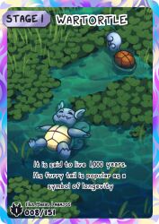  artist_name card_(medium) character_name charburst closed_eyes closed_mouth english_text fangs grass leaf lying no_humans nostrils on_back outdoors outstretched_arms partially_submerged pokedex_number pokemon pokemon_(creature) pokemon_card pokemon_focus pokemon_tcg smile spread_arms wartortle water 