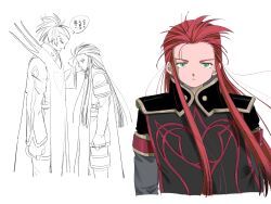  2boys asch_(tales) commentary_request cropped_arms cropped_torso elbow_gloves expressionless gloves green_eyes grey_gloves hand_on_another's_head highres long_hair looking_at_viewer looking_down male_focus multiple_boys omitatamio red_hair sidelocks simple_background speech_bubble surcoat tales_of_(series) tales_of_the_abyss translation_request van_grants white_background 