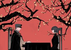  1boy 1girl black_hair blunt_bangs bob_cut branch cape chair closed_mouth commentary flower from_side gghost0627 hat highres jacket long_sleeves looking_at_another military_hat original peaked_cap plum plum_blossoms profile red_background short_hair signature simple_background sitting table tablecloth tree 