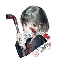  1girl :/ black_eyes black_hair black_shirt blood blood_on_face blood_on_hand blood_on_neck blue_sailor_collar commentary flower highres holding holding_weapon industrial_pipe maruma_gozu neckerchief pink_flower red_flower red_neckerchief sailor_collar school_uniform serafuku shimizu_hinako shirt short_hair silent_hill_(series) silent_hill_f simple_background solo tears weapon white_background 