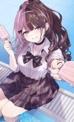  1girl black_choker black_nails blue_eyes bow bowtie breasts brown_hair choker collared_shirt commentary ear_piercing earrings food grin hair_ornament hairclip highres holding holding_food holding_popsicle jewelry long_hair looking_at_viewer multicolored_hair nail_polish piercing pink_hair pink_nails pink_scrunchie plaid_bow plaid_bowtie plaid_clothes plaid_skirt ponytail pool popsicle punikou scrunchie shirt shirt_tucked_in sitting skirt smile soaking_feet solo stud_earrings tachibana_hinano tachibana_hinano_(school_uniform) two-tone_hair untranslatable_commentary virtual_youtuber vspo! white_shirt wrist_scrunchie 