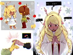  1girl 1other angel_wings animal_ears antlers apple black_eyes black_wings brown_hair colored_skin commentary crying deer_antlers deer_ears deltarune demon_wings drill_hair drill_sidelocks english_text fake_halo fake_horns food fruit hairband halo horn_hairband horns jewelry kaeh_12 kris_(deltarune) long_hair noelle_holiday noelle_holiday_(dark_world) own_hands_together red_eyes red_horns ring sidelocks snowflakes thorn_ring_(deltarune) utdr_(toby_fox) weird_route_(deltarune) white_wings wings yellow_skin 