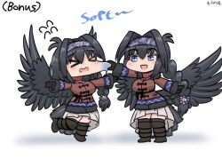  >_< 2girls :d bandana black_gloves black_hair black_thighhighs black_wings blue_eyes boots breasts brown_jacket cheek_pull chibi chibi_only dress full_body fur-trimmed_jacket fur_trim gloves hair_intakes high-low_skirt highres imitating jacket large_breasts long_hair long_sleeves miniskirt mo23 monster_girl multiple_girls orange_sweater original skirt slime_girl smile sweater thigh-highs thigh_boots thighhighs_under_boots turtleneck turtleneck_sweater white_dress white_skirt wings 