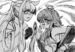  2girls absurdres angry animal_ears arknights fist_shaking gravel_(arknights) highres horse_girl laughing long_hair monochrome multiple_girls platinum_(arknights) shino_duka short_hair 