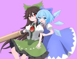  2girls absurdres arm_cannon blue_bow blue_dress blue_eyes blue_hair blush bow brown_hair chest_eye cirno closed_mouth commentary detached_wings dress english_commentary frilled_skirt frills green_bow green_skirt hair_bow highres ice ice_wings long_hair looking_at_viewer multiple_girls pink_background red_eyes reiuji_utsuho shirt short_hair short_sleeves simple_background skirt smile the1rocket touhou twitter_username weapon white_shirt wings 