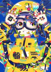  1girl belt blue_background blue_hair commentary english_commentary food goggles grin hat helmet highres jacket jewelry long_hair long_sleeves looking_at_viewer mouth_hold nail_polish original smile solo sushi teeth tsutomu_(hghrttm) twintails yellow_eyes yellow_jacket zipper 
