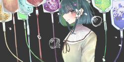  1girl black_background bow closed_mouth commentary from_side green_hair hair_bow hato_(n_hat_mu) highres intravenous_drip long_sleeves original profile ribbon short_hair sidelocks simple_background smile solo sweater turtleneck upper_body white_bow 