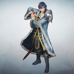  1boy armor artist_request black_boots blue_coat blue_eyes blue_hair blue_robe boots character_request check_character chrom_(crowned_exalt)_(fire_emblem) chrom_(fire_emblem) closed_mouth coat commentary_request falchion_(fire_emblem) fire_emblem fire_emblem_awakening fire_emblem_warriors full_body fur-trimmed_coat fur-trimmed_robe fur_trim gold_trim grey_background holding holding_sword holding_weapon looking_at_viewer male_focus official_alternate_costume official_art robe royal_robe scabbard second-party_source sheath short_hair shoulder_armor solo standing sword tiara weapon 