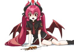  1girl aiguillette arm_support black_boots black_shirt blue_archive boots breast_pocket collared_shirt dango demon_girl demon_horns demon_wings dropped_food food foot_out_of_frame halo highres horns junko_(blue_archive) long_hair looking_at_food low_wings mitarashi_dango necktie peanut_mouth pocket pointy_ears red_eyes red_hair red_halo red_necktie red_skirt red_wings sad school_uniform shirt short_sleeves simple_background sitting skirt solo sunomono tearing_up thigh_strap twintails very_long_hair wagashi white_background wings yokozuwari 