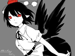  1girl bird_wings black_hair black_ribbon black_skirt black_wings breasts closed_mouth collared_shirt commentary dated grey_background hat looking_at_viewer mai_kao_chang_de_a_yi medium_hair neck_ribbon pointy_ears pom_pom_(clothes) puffy_short_sleeves puffy_sleeves red_eyes red_hat ribbon shameimaru_aya shirt short_sleeves signature simple_background skirt small_breasts solo tokin_hat touhou white_shirt wings 