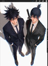  2boys art_program_in_frame art_program_request black_hair black_jacket black_pants black_shoes black_suit chainsaw_man closed_mouth collared_shirt commentary crossover dress_shoes english_commentary full_body fushiguro_megumi hayakawa_aki highres jacket jujutsu_kaisen katana lapels layered_sleeves long_sleeves looking_at_viewer male_focus multiple_boys notched_lapels pants ponytail semapathy shirt shoes short_hair spiky_hair standing suit suit_jacket suit_pants sword sword_on_back upturned_eyes weapon weapon_on_back white_background white_shirt wing_collar 