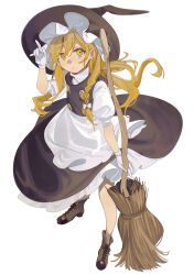  1girl absurdres apron black_gloves black_hat black_skirt blonde_hair boots bow braid broom brown_boots commentary_request gloves hat highres holding holding_broom kirisame_marisa lace-up_boots long_hair looking_at_viewer shi_chimi side_braid simple_background single_braid skirt solo touhou very_long_hair waist_apron white_apron white_background white_bow white_gloves witch_hat yellow_eyes 