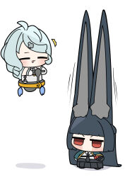  2girls absurdres ahoge animal_ear_fluff animal_ears aqua_jacket black_hair black_necktie black_skirt blue_hair chibi closed_eyes comically_large_ears commentary_request flower_hairpin flying fox_ears fox_girl full_body hair_ornament hairclip highres hoshimi_miyabi jacket long_hair looking_at_another multiple_girls necktie red_eyes seed_(zenless_zone_zero) shinonome_nashi shirt skirt solo white_background white_shirt zenless_zone_zero 
