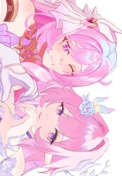  biwa5uuu color_connection commentary_request cyrene_(demiurge)_(honkai:_star_rail) cyrene_(honkai:_star_rail) diamond-shaped_pupils diamond_(shape) elysia_(herrscher_of_human:_ego)_(honkai_impact) elysia_(honkai_impact) flower gloves hair_color_connection hair_flower hair_intakes hair_ornament heart heart_hands heart_hands_duo highres honkai:_star_rail honkai_(series) honkai_impact_3rd inoue_marina long_hair looking_at_viewer pink_hair pointy_ears pout simple_background smile symbol-shaped_pupils very_long_hair violet_eyes voice_actor_connection white_background white_gloves yanning 